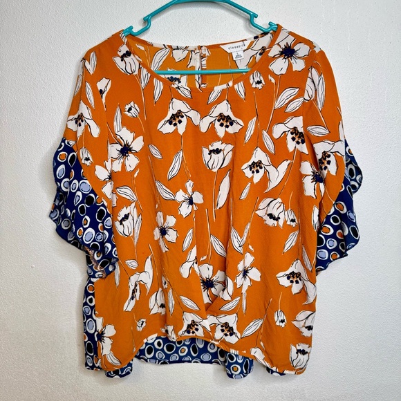 2/$25 Closetrix Mustard Yellow Floral Flowy Business Casual Blouse Size Large - Picture 3 of 10